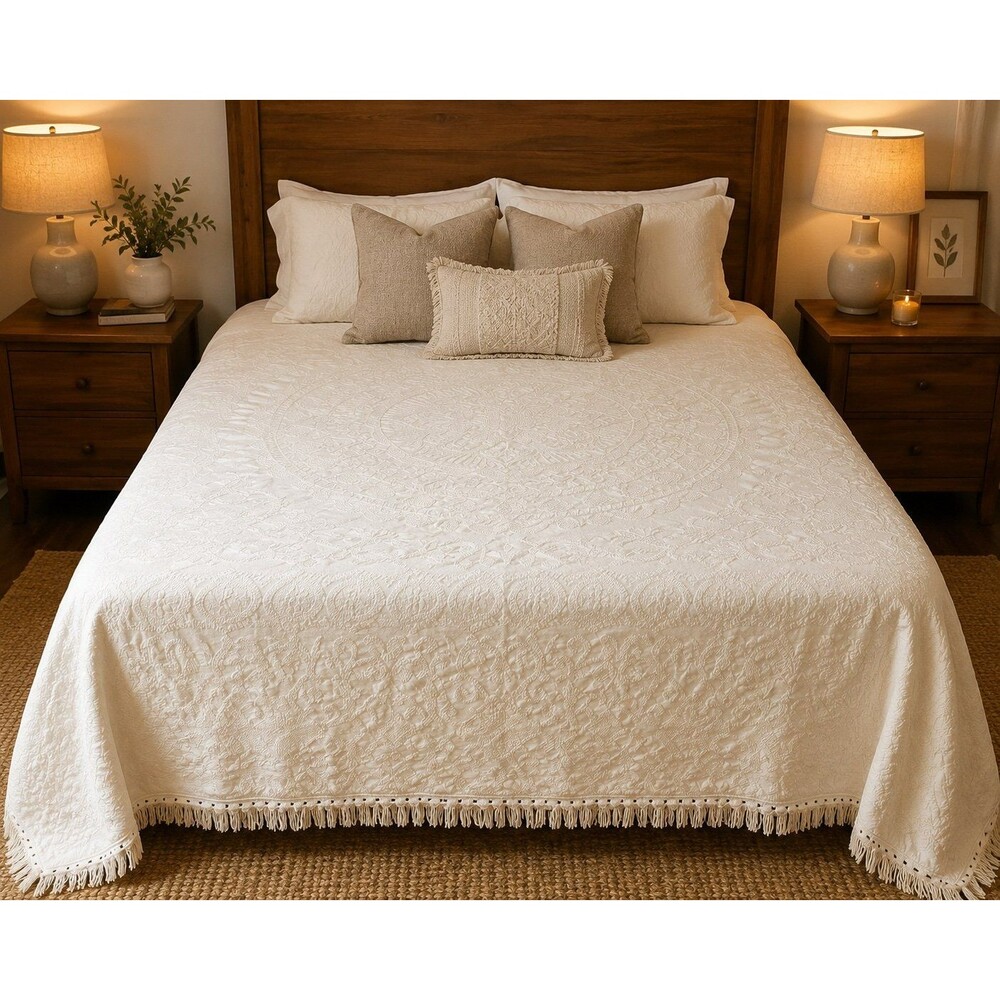 Vintage King Size Cream Cotton Bedspread/Throw/Blanket